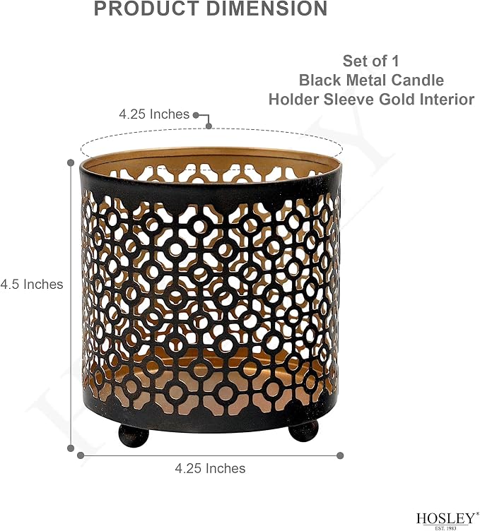 Hosley 4.5" Black Metal Candle Holder Sleeve Gold Interior for Tealights & Votive Candles Decorative Lantern for Home Décor, Weddings, Meditation, & Events