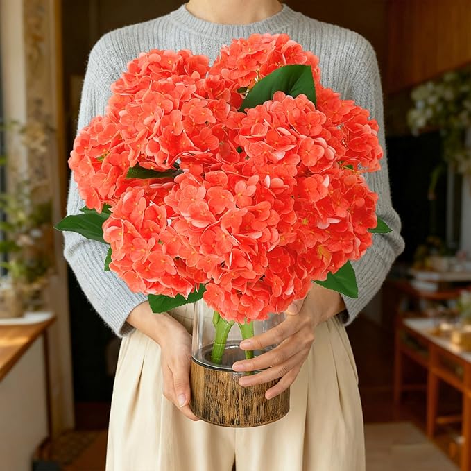 A Bunch 21in, Orange Real Touch Hydrangea Artificial Flowers, with 10pcs Flower Head 20pcs Leaves, Faux Hydrangea Flowers for Home Office Decor Wedding Party Arrangements (2, Orange-red)