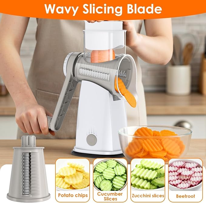 MealHelper 5 Blade Rotary Cheese Grater and Vegetable Chopper with Storage Box and Hand Crank, Compact Shredder for Cheeses, Veggies, Nuts - Easy to Use, Non-slip Suction Base,White