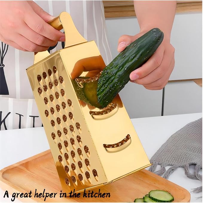 Stainless Steel 4 Sides Grater Slicer with Handle, Multifunctional Cutter Planing for Ginger, Garlic, Cucumbers, Carrots, Cheese, Potato, Ergonomic Design Kitchen Gadgets Accessories（Gold）