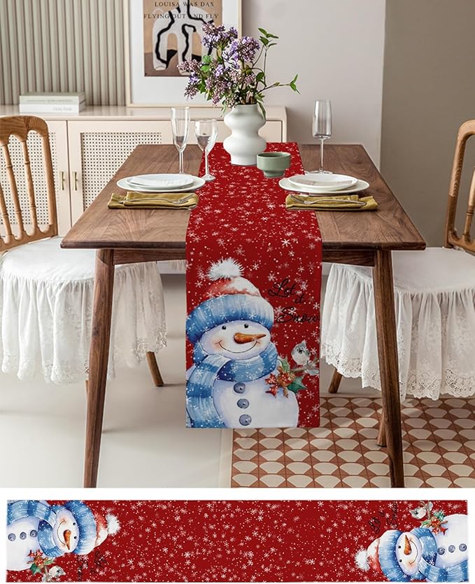 Snowman Christmas Table Runner - 90 Inch Long, Red Xmas Winter Snowflake Dining Table Runner Dresser Scarves, Rustic Let Snow Bird Christmas Decor for Coffee Table Wedding Party Banquet, 13x90 in