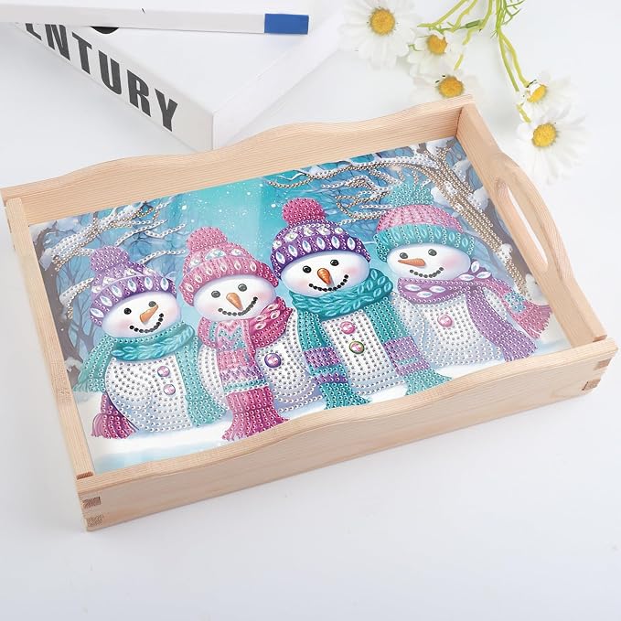 DIY Diamond Serving Tray Rectangular Breakfast Tray with Handle Handmade Diamond Art Painting Wooden Tray for Dinner Plate Coffee Room Living Home Organizer-Snowman03