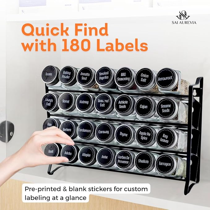 28-Jar Spice Rack Organizer with 4-Tier Metal Stand | Complete Set with Glass Jars, Labels & Funnel | Space-Saving Kitchen Spice Storage (Wall or Countertop Mount)