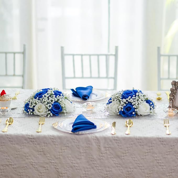 BLOSMON Fake Flowers Ball Wedding Centerpieces 10 Pcs Royal Blue Rose Babys Breath Artificial Flowers Center Pieces Decoration for Table Faux Silk Floral Bouquet Arrangements for Home Party DIY Decor