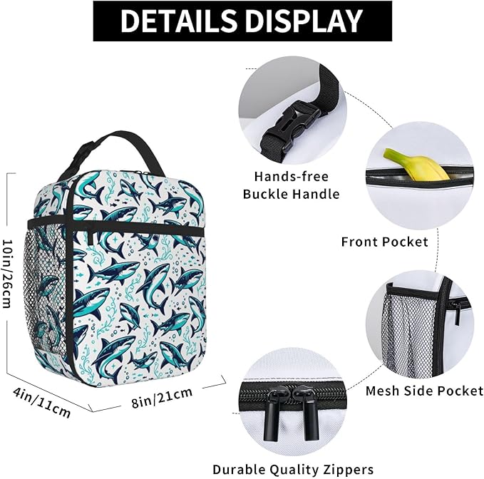 shark lunch box Reusable Insulated Lunch bag with Side Pocket, Leakproof Portable Thermal Meal Organizer for Adults, Men Women for Office, Camping & Outdoor