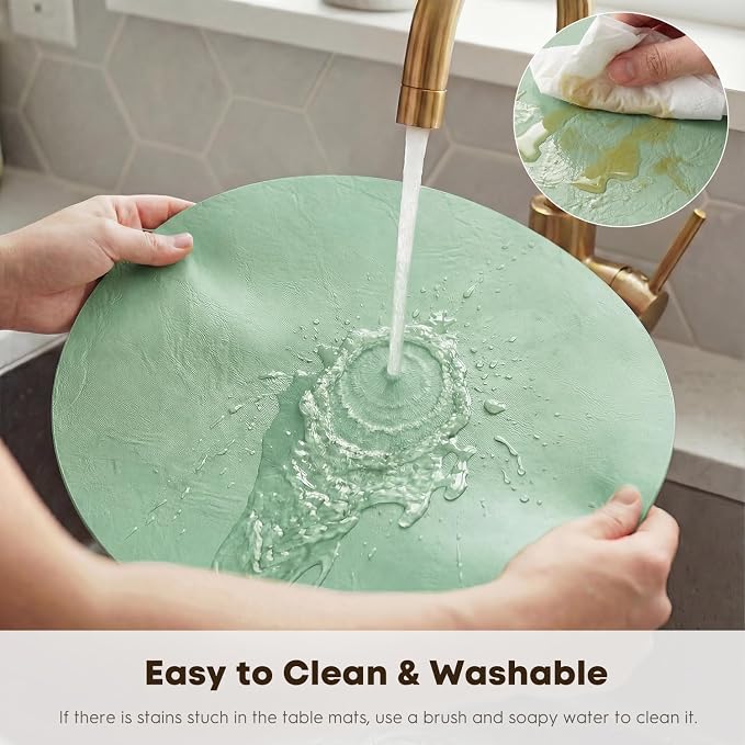 Artoid Mode Sage Faux Leather Placemats Set of 4, 15 Inch Waterproof Wipeable Heat Resistant Vinyl Place Mats, Reversible Table Mats for Spring Kitchen Dining Decor