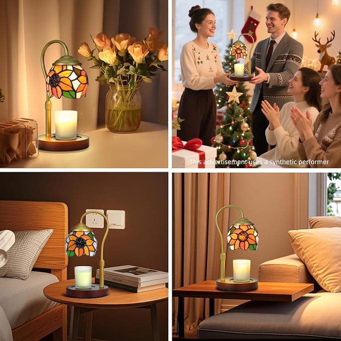 Sunflower Tiffany Candle Warmer Lamp with Wood Base - Height Adjustable, 2/4/8H Timer, 4-Level Dimmer - Includes 2 GU10 Bulbs - Farmhouse Aesthetic Room Decor & Gifts for Women, Fits Candles up to 5"