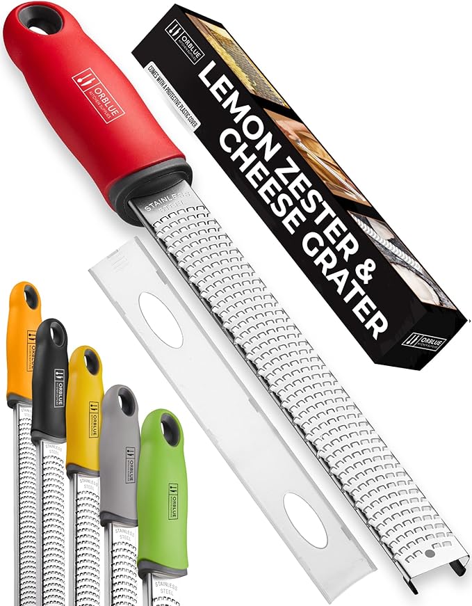 Orblue Lemon Zester & Cheese Grater - Premium Citrus Zester, Kitchen Grater for Parmesan, Chocolate, Fruits, Vegetables, Ginger, Garlic, Nutmeg - Stainless Steel Blades with Protective Cover, Red