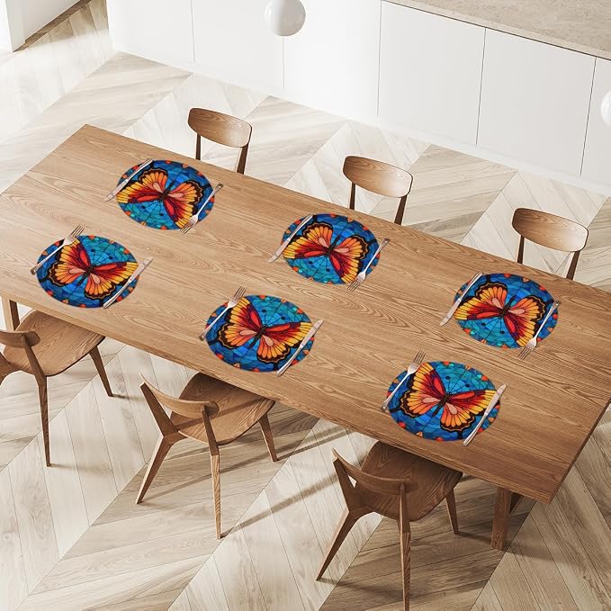 Round Placemats Set of 4, Butterfly Glass Background Woven Placemats Mats Non-Slip Heat Resistant Washable Table Mats Round Braided Place for Farmhouse Kitchen Dining Party Decor 15in
