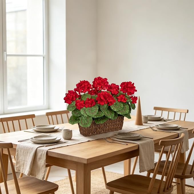 Briful Artificial Geraniums Flowers in Woven Basket Planter, Real Faux Red Silk Geranium Blooms for Outdoor Patio Porch, 13.8" Fake Potted Plant for Home Office Indoor Window Table Centerpiece Décor