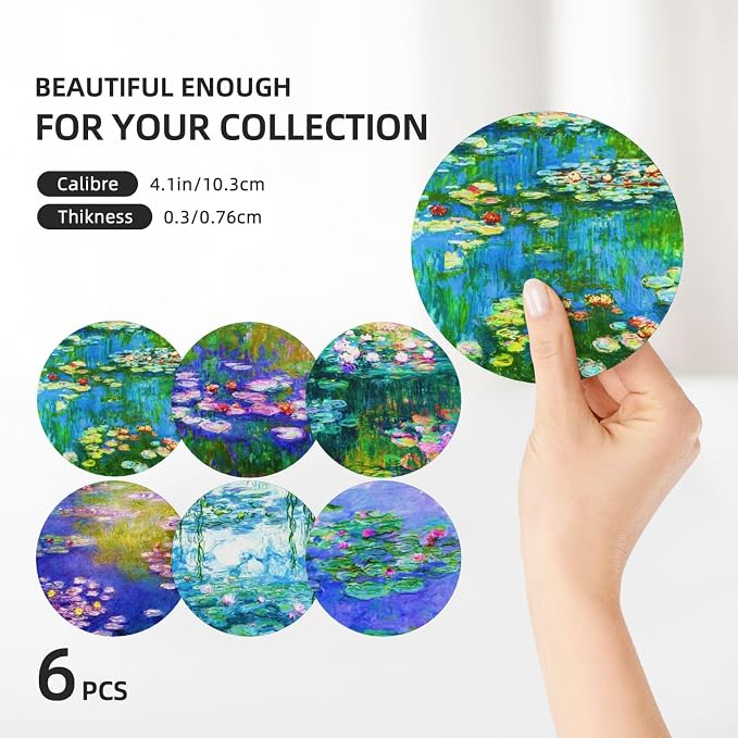 Monet Water Lilies Drinks Absorbent Coasters with Holder Set of 6, Coffee Table Decor, Ceramic Stone Coaster with Cork Base Tabletop Protection Mat for Mugs and Cups,Office,Kitchen