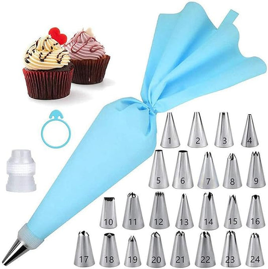 Piping Bags and Tips Set 27 Piece, 24 Stainless Steel Nozzles with Reusable TPU Piping Bag, Coupler and Silicone Tie, Bag 11.81 x 6.69 in, for Cupcakes Cookies and Filling