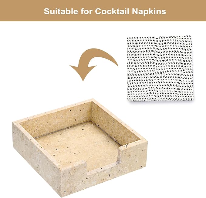 Sumnacon Travertine Cocktail Napkin Holder for Table, 6.2" x 6.2", Square Napkin Holders Small Napkin Tray, Flat Modern Napkin Dispenser for Kitchen, Countertop, Dining Table, Party, Bar