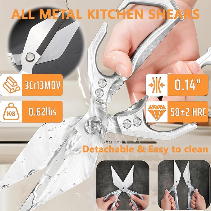 Multifunctional Heavy-Duty Kitchen Shears, New 2 in 1 Stainless Poultry Kitchen Scissors, Japanese High-Carbon Steel Culinary Shears for Chicken, Meat, Seafood, Bone Cutting, Walnuts(Silver) (Silver)