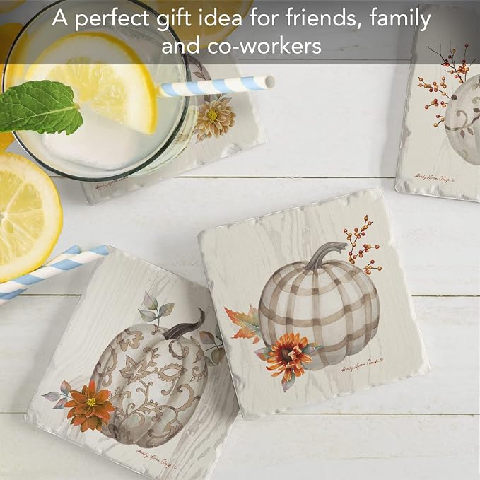 Thirstystone Fall Pumpkins 4 Pack Assorted Tumbled Tile Stone Coasters with Protective Cork Backing 4" Square Manufactured in the USA