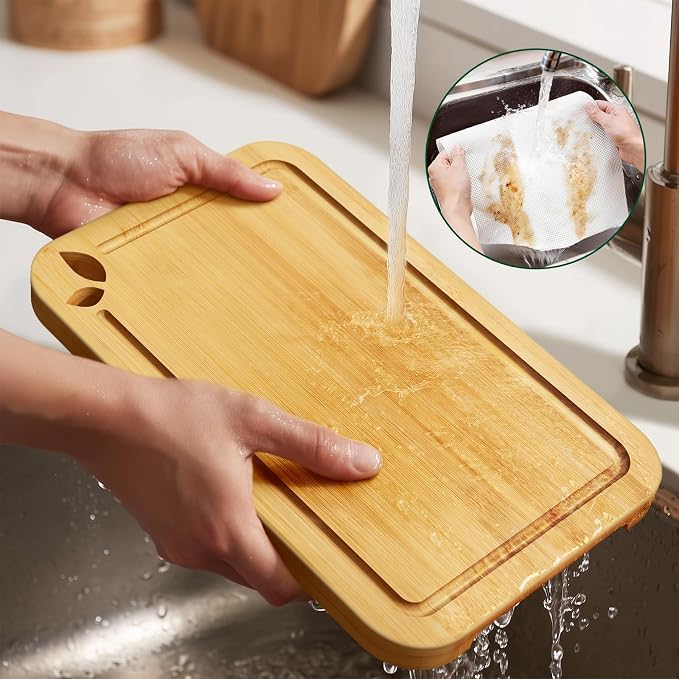11 x 7.5 inch Bamboo Cutting Boards for Kitchen with Silicone Mat, Lightweight & Knife-Friendly Wood Cutting Board Set with Side Handles and Juice Grooves, Natural