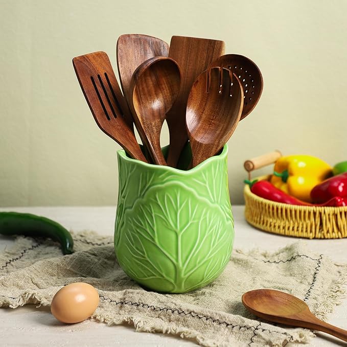 Ceramic Green Cabbage Kitchen Utensil Holder, Large Cooking Utensil Crocks for Countertop, Ocean Style Utensil Organizer for Spatula and Home, B
