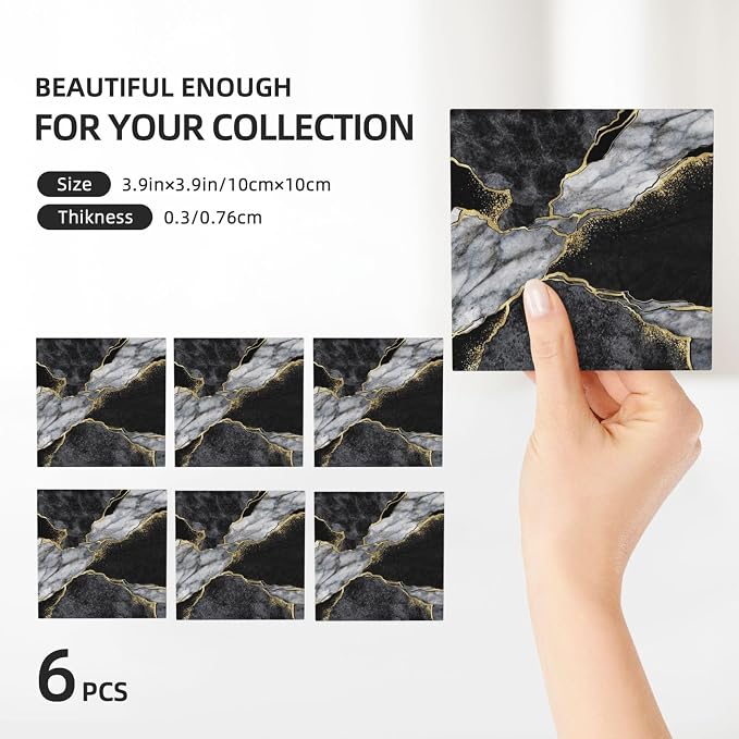 Luxury Black Grey Marble Square Ceramic Coasters Set of 6 Pack, Dark Gray Golden Ink Granite Texture Stone Drink Coaster with Cup Holder Anti-Scratc Cork Backing Bar Kitchen Home Housewarming Gift
