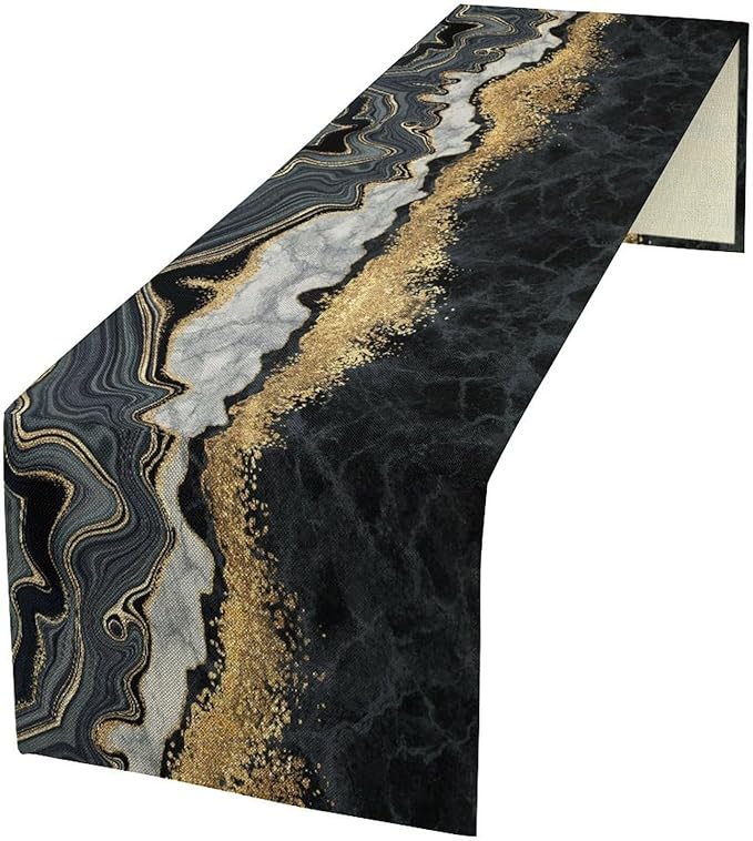 Marble Table Runner, Modern Luxury Foil Cracked Texture Black Gold Marble Printed Linen Table Runners for Kitchen Living Room Farmhouse Dining Room Party Home Decor 13" W x 90" L