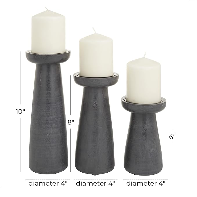 CosmoLiving by Cosmopolitan Mango Wood Decorative Candle Holder Pillar Candle Stand, Set of 3 Candlestick Holder 10", 8", 6" H, Dark Gray