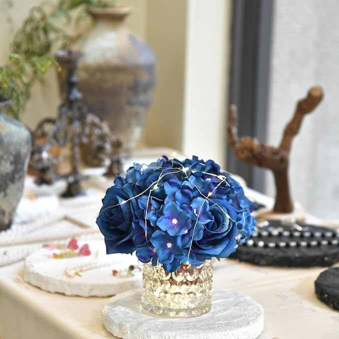 Rose Silk Flower Arrangement Artificial Vivid Rose in Glass Vase with LED Light Elegant Centerpiece for Home Wedding Bathroom Table Shelf Decoration (Navy Blue)