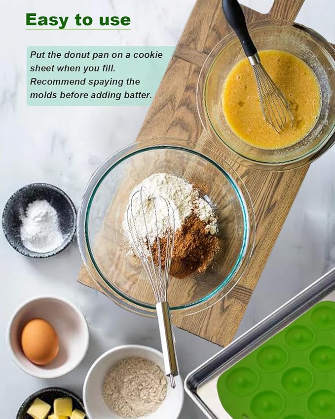Mini Donut Pan for Baking, 2 Pack Donut Mold Silicone Doughnut Pan for Making Donut, Bagels, Cake, BPA Free, Green