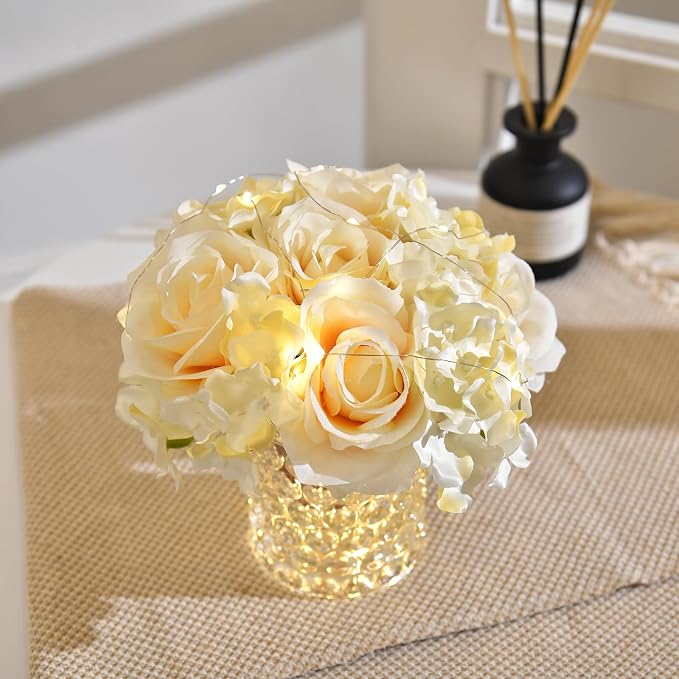 Rose Silk Flower Arrangement Artificial Vivid Rose in Glass Vase with LED Light Elegant Centerpiece for Home Wedding Bathroom Table Shelf Decoration (Champagne)