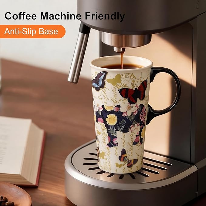 Topadorn Set of 2 17oz Ceramic Travel Mugs with Lids, Vintage Butterfly & Floral Coffee Cup Set, Spill Resistant Microwave & Dishwasher Safe Mug Set