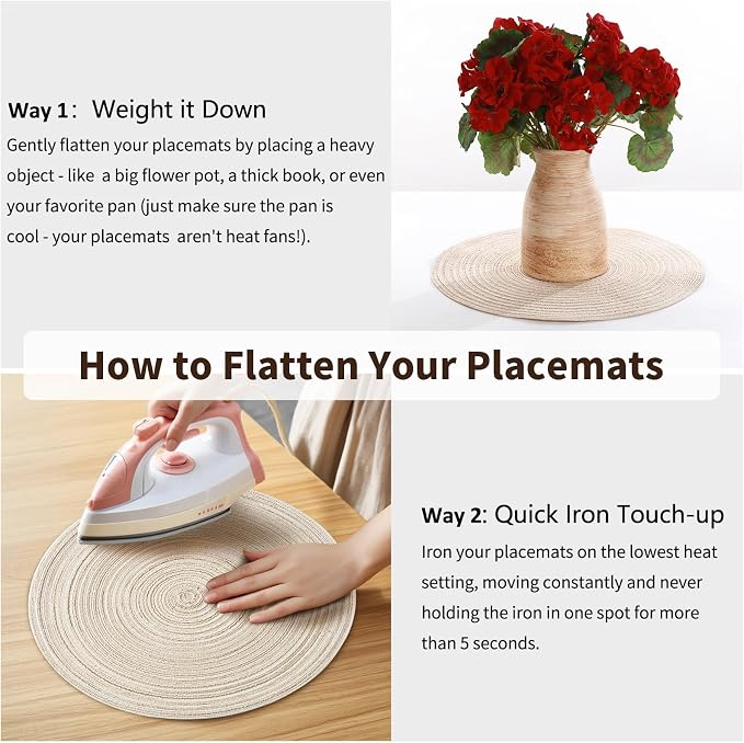 Handmade Round Boho Placemats Set of 4 | Natural Woven & Polyester Braided Combo Table Mats | 8-Piece Versatile Place Mats | Simple Rustic Farmhouse Style Dining Table Decor, Ivory