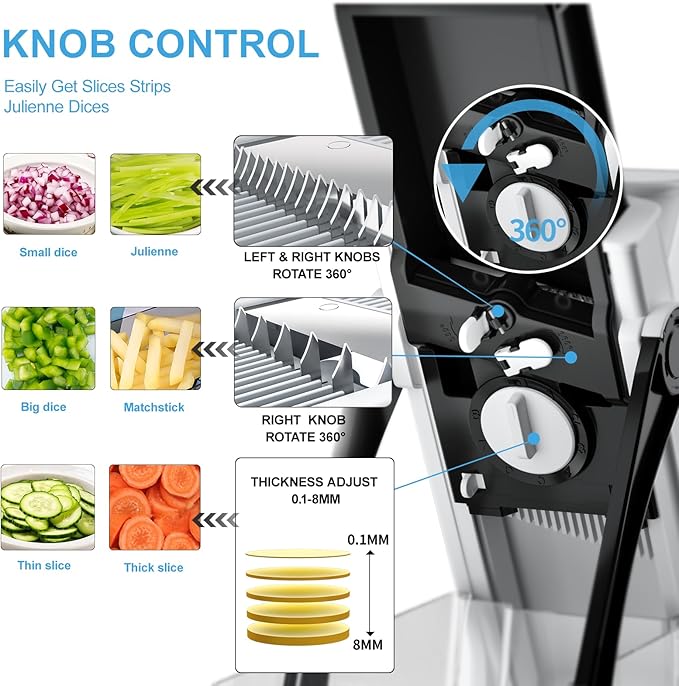 Safe Mandoline Slicer for Kitchen, 6 in 1 Vegetable Chopper, French Fry Cutter For Potatoes, Potato Slicer,Food Chopper,Adjustable Thickness 0.1-8 mm, With Peeler/Cleaning Brush (Black)