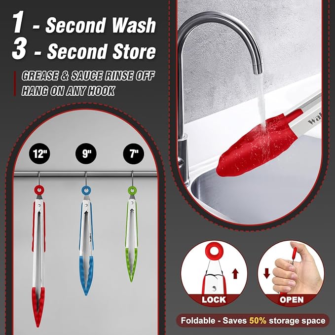 Walfos Silicone Tongs for Cooking - Heat Resistant kitchen tongs for Salad,Cooking, Grilling,Stainless Steel and BPA Free Silicone Tips set of 3 (7" 9" and 12 inch) (Pack of 2)