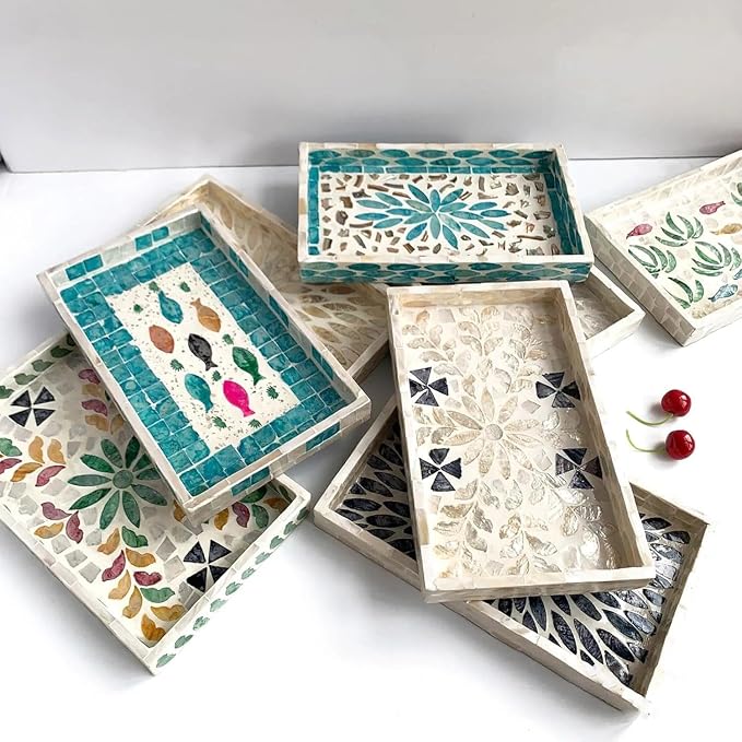 Mother of Pearl Inlay Wooden Tray – Handmade Decorative Rectangle Serving Tray for Coffee Table, Kitchen, Bathroom, Vanity or Living Room Decor (Vintage Hearts)