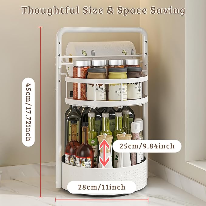 Rotating Spice Rack with Paper Towel Holder, 2 Tier Turntable Lazy Susan, Seasoning Organizer for Kitchen Countertop Cabinet, White
