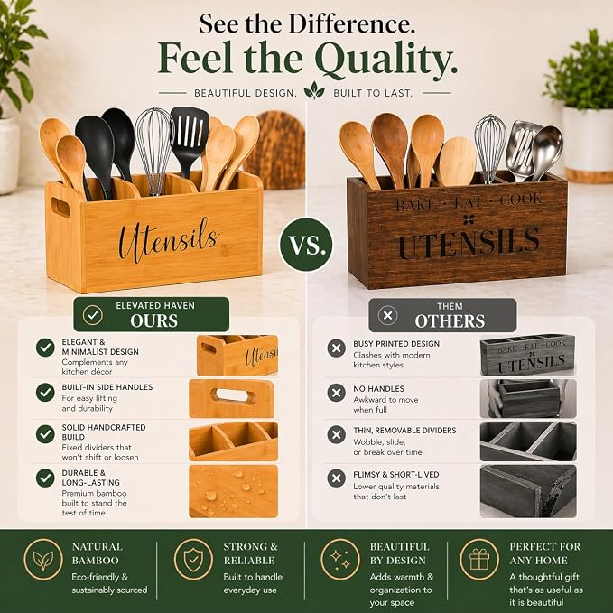 Bamboo Kitchen Utensil Holder for Countertop – Large 3-Compartment Cooking Utensil Organizer & Caddy with Drain Holes, Farmhouse Bamboo Holder for Kitchen Counter, Wood Storage for Spatulas & Spoons