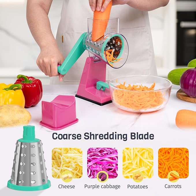 Upgraded Rotary Cheese Grater with 3 Interchangeable Stainless Steel Drums, One-Press Powerful Suction Manual Vegetable Shredder&Slicer for Kitchen, 15pcs Storage Bags Included, Rose-red&Green