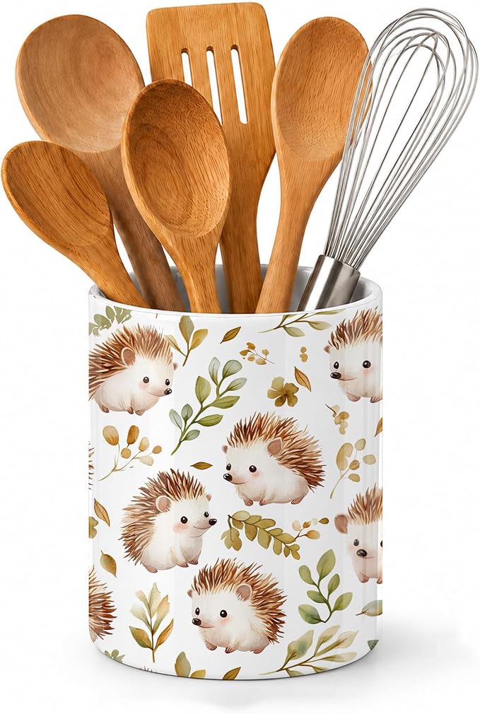 Ceramic Kitchen Utensil Holder for Countertop,Cute Hedgehog Large Utensil Crock for Kitchen Counter,Cooking Utensil Organizer for Spatulas,Spoons