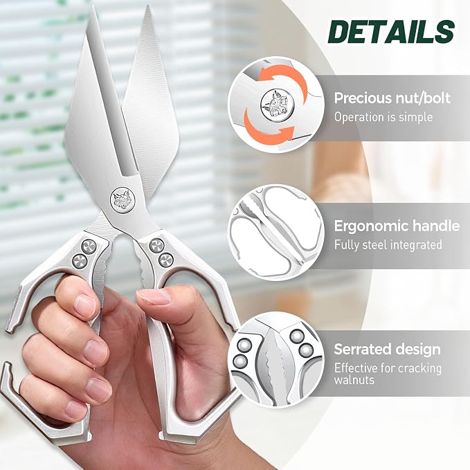 Multifunctional Heavy-Duty Kitchen Shears, Stainless Steel Kitchen Scissors for Food, Poultry Shears, Poultry, Meat, Seafood, Bone Cutting, Dishwasher Safe Ergonomic Handle (Sliver)