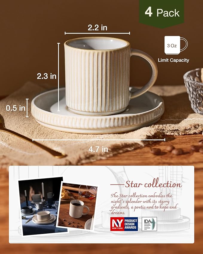 famiware Star Espresso Cups and Saucers Set of 4, [ Mini ] 3 oz Ceramic Small Coffee Mug with Handle, Ribbed Stoneware Demitasse Cup for Tea, Latte - Microwave & Dishwasher Safe - Cappuccino White