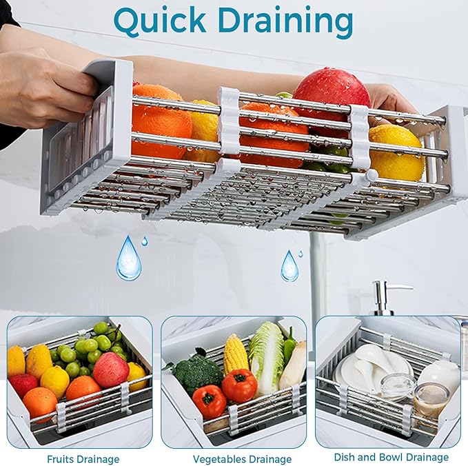 COVRA Over Sink Dish Drying Rack, Stainless Steel Drainer for 10.6"-18.5" Sinks (Square Sinks ONLY), Kitchen Countertop Organizer for Dishes, Vegetables, and Fruits(Gray)