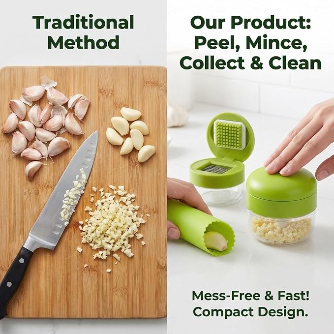 1 Set, 3-in-1 Stainless Steel Garlic Press and Mincer Set with Silicone Peeler, Cleaning Brush, and Storage Container, Multi-Purpose Food Chopper for Easy Garlic Preparation