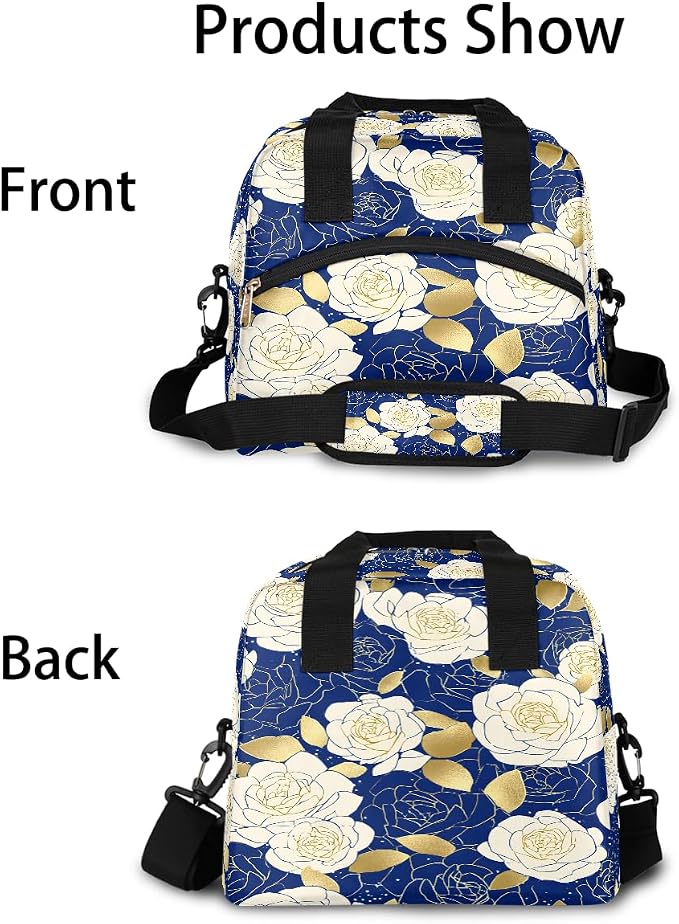 Pardick Roses Flower Blue Insulated Lunch Bag for Women Leakproof Lunch Box Large Cooler Thermal Tote Bag with Shoulder Strap Meal Prep Bags for Work School Office Picnic Teen Girls Adult