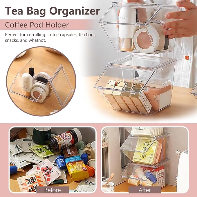 Stackable Tea Bag and Coffee Pod Organizer with Clear Front Flap, Large Capacity Open Storage Bin for Drink Packets, Snacks and Pantry Organization, BPA-Free Plastic