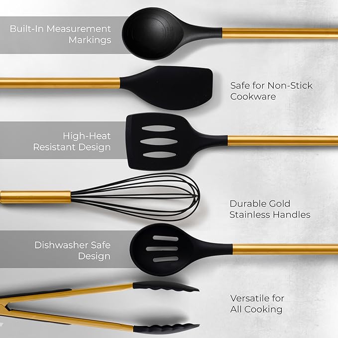 STYLED SETTINGS Black and Gold Kitchen Utensils Set – 8 Piece Silicone Cooking Utensils with Gold Handles, Black Ceramic Utensil Holder & Spoon Rest – Heat Resistant, Nonstick Safe, Sleek Storage