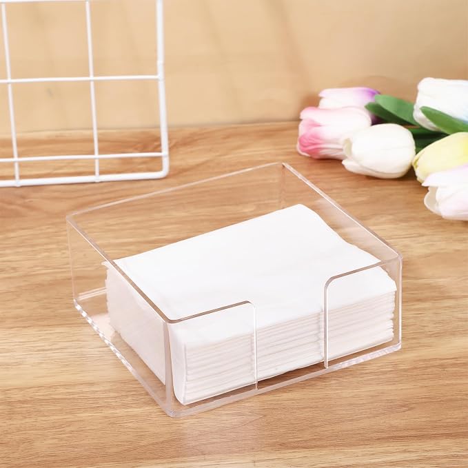 Acrylic Napkin Holder, Clear Square Cocktail Napkin Holder, Paper Lucite Tray with Side Opening, Flat Tissue Holder for Table Kitchen Bathroom Bar Dinner Party Decor,Perfect for 5 x 5 inches Napkins