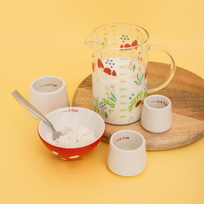 Steel Mill & Co. 1000mL Glass Measuring Cup for Liquid, Mushrooms | Glass Beaker Kitchen Tool, Cottagecore, Hippie, Fairycore Kitchen Aesthetic Home Decor and Accessory