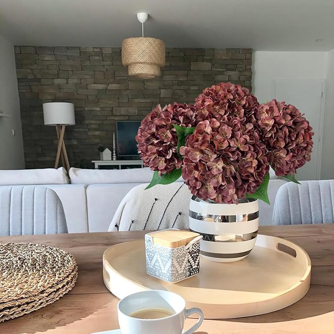 JINWOE Dark Coffee Silk Hydrangea Artificial Flowers, 4Pcs 22Inch Full Fake Artificial Hydrangeas with Stems for Bouquet Table Centerpieces Home Decoration Porch Outdoor