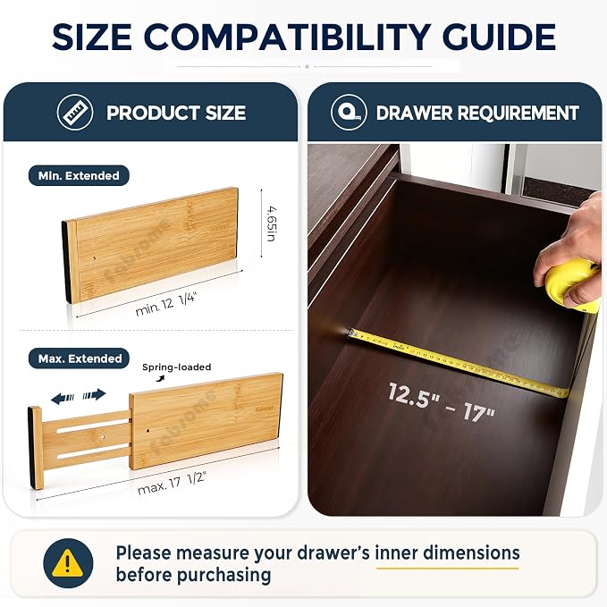 Fabsome Dresser Drawer Organizers 6 Pack, 4.65'' High Adjustable from 12.5-17‘’ Bamboo Drawer Dividers for Clothing Baby Clothes, Wooden Separators for Dresser Nursery Organization with Soft Foam Ends
