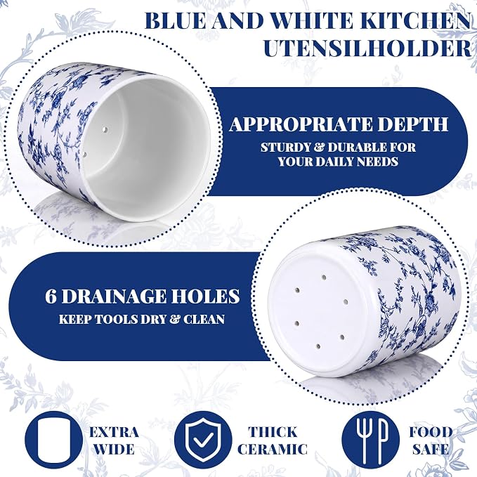 Suclain Blue Floral Ceramic Utensil Holder 6.3 Inch Chinoiserie Vintage Kitchen Crock Blue and White Floral Countertop Storage Organizer for Spatulas and Spoons Home Cooking Unique Gift Idea