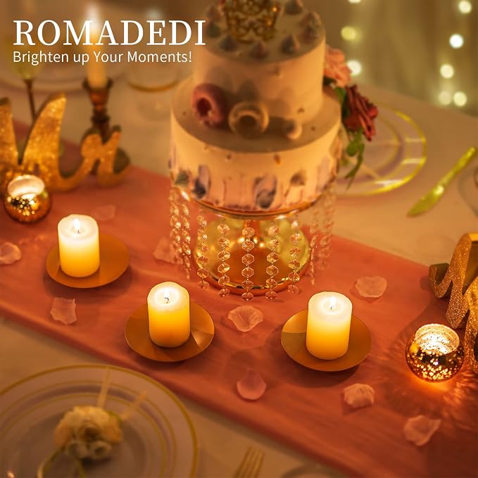 Romadedi Iron Plate Candle Holder, Gold Candle Holders for Pillar, Set of 4 Small Candle Tray, Pillar Candle Holder Plate Metal Candle Stand for Coffee Table Decor, Wedding, Party, Home Decor