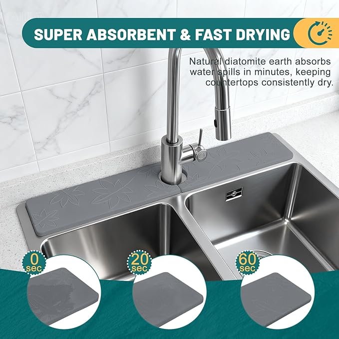 Hopegiver Stone Faucet Mat for Kitchen Sink - Fast Drying Diatomite Sink Protector Prevent Moisture, Super Water Absorbing Stone Tray for Kitchen & Bathroom Counter (Gray Maple Leaf, 23.6"x3.9")